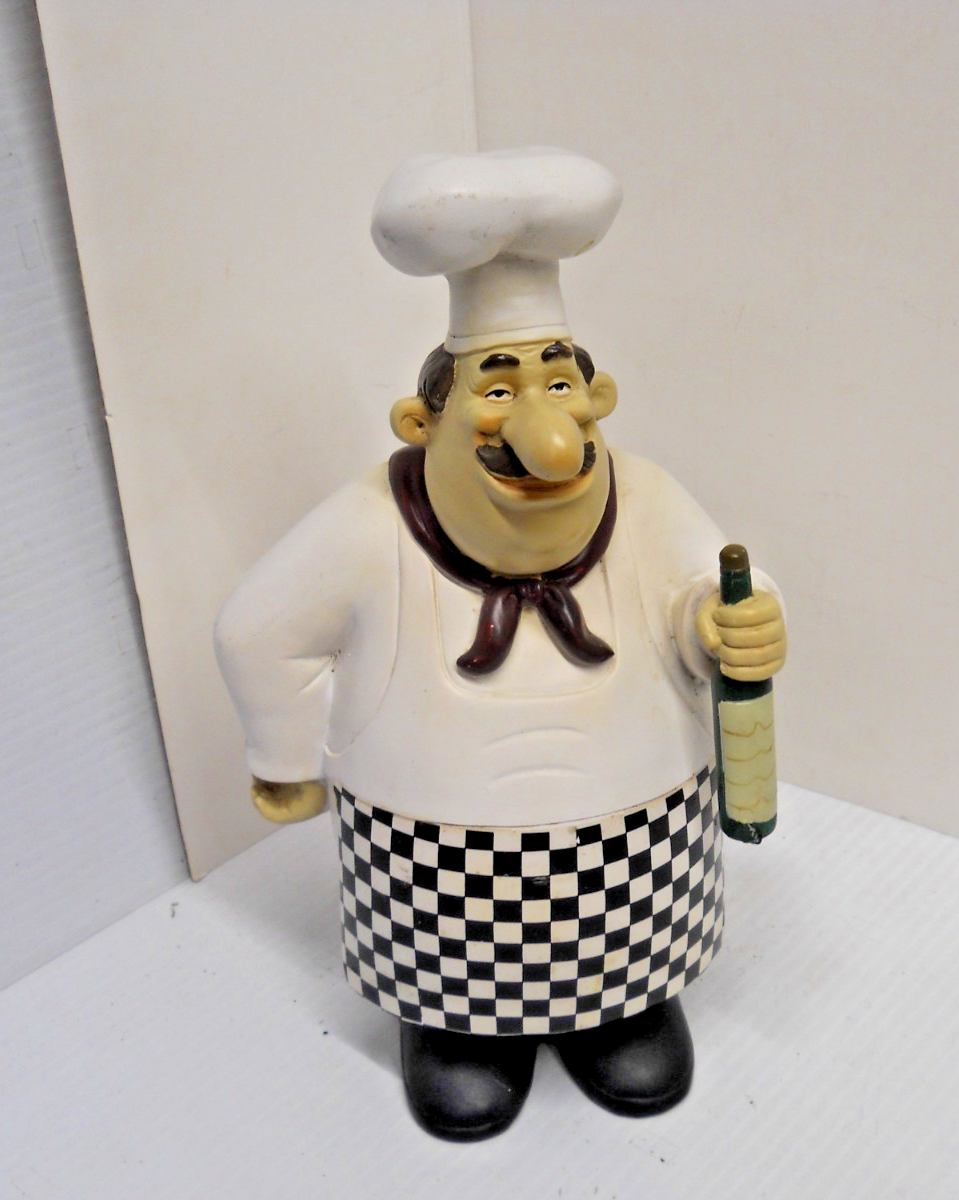 Fat Italian Chef Resin Figure Holding Wine Bottle Bistro Cafe Home Decor