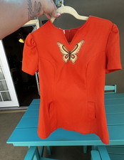 Vintage Orange Mini Dress V-Neck Puff Short Sleeve Butterfly Embroidered