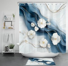 Gold Blue Abstract Marble White Floral Shower Curtain Set for Bathroom Decor