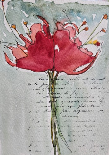 Original Signed Watercolor Painting. Red. Tulips. Boho. Abstract. French. - Picture 3 of 3