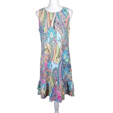 Tommy Hilfiger Paisley Shift Dress Womens 10 Pink Multi Ruffle Stretch Casual
