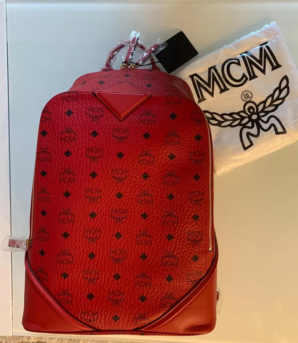 MCM Mono Leather Red Backpack Cognac Calf Leather Designer 1115