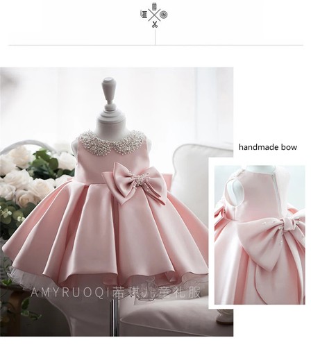 Toddler White Satin Princess Baby Girl Dress Birthday Party Newborn Dress - Picture 18 of 26