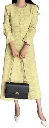 Women Tweed Dress Long Sleeve Single Breast Elegant Long Tweed Lady Blazer Dress - Picture 6 of 28