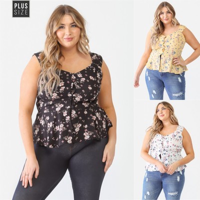 Women Plus V-neck Top Floral Button-up Sleeveless Flare Hem Soft Tank (1X,2X,3X)