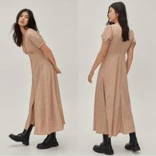 Nasty Gal Maxi Tea Dress Floral Print Button Down Puff Sleeve Size 10