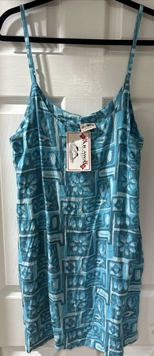 New Vtg Far Away Blue Tiki Dress Womens L Sundress Tiki Beach Cover Up Rayon