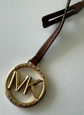 Michael Kors Gold Logo Purse Bag Charm KEY Chain FOB Hang Tag Brown Leath NEW 