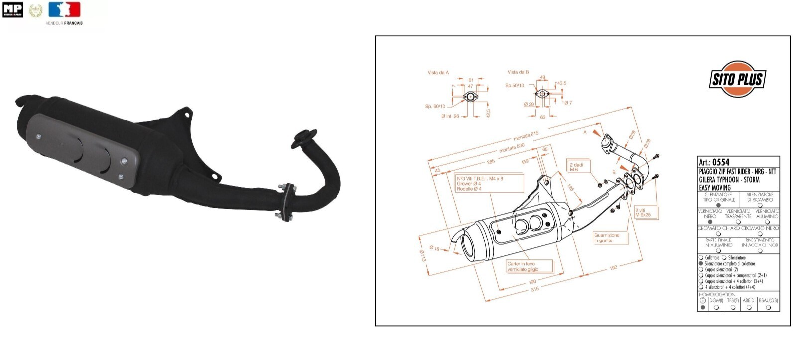 Pot d'échappement Sito 0554 silencieux et robuste pour restaurer le Gilera Typhoon 50