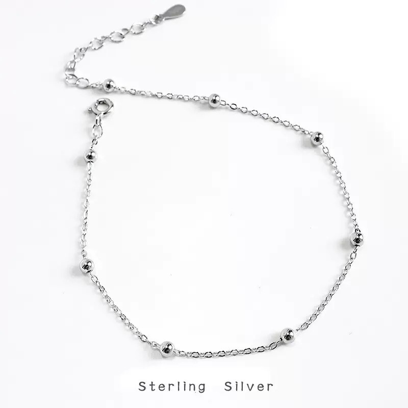 S925 Sterling Silver Beaded Chain Delicate Anklet for Women