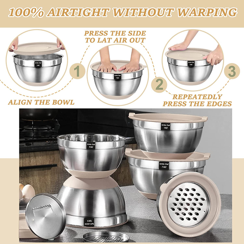 Mixing Bowls with Airtight Lids Set, 26PCS Stainless Steel Khaki Bowls w/ Grater - Picture 7 of 12