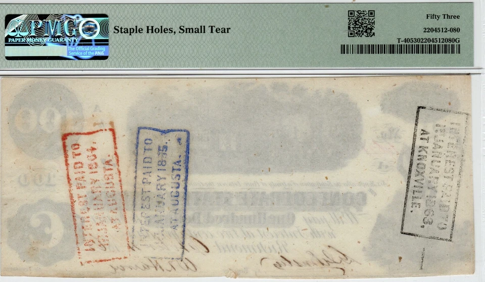 T-40 PF-1 1862 $100 Confederate Paper Money - PMG About Uncirculated 53 - Image 2 of 2