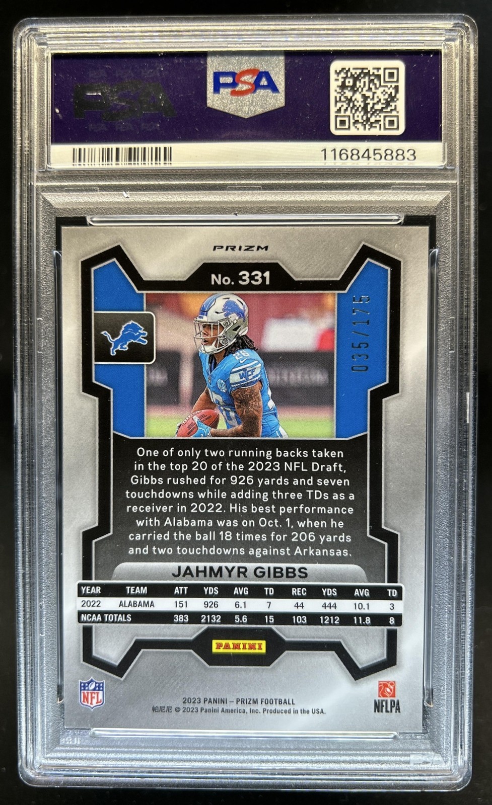 2023 Panini Prizm Jahmyr Gibbs Hyper Rookie RC #/175 Lions PSA 10 GEM MINT view 2