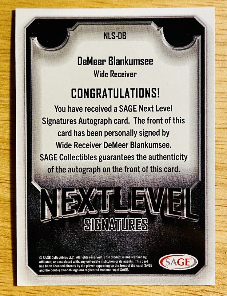 2025 Sage Gold Next Level Signatures Auto DeMeer Blankumsee #NLS-08 Patriots /10 - Image 3 of 3