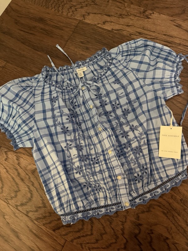 Free Assembly XS Blue/White Plaid Square Neck Puff Sleeve Crop Top Eyelet