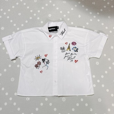 Karl Lagerfeld Paris Button Down Short Sleeve Cropped Top Shirt White Women Sz M
