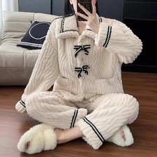 Winter Womens Pajamas Set Warm Flannel Thick Homewear Sleepwear Soft Padded Suit