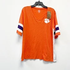 Rivalry Threads 91 Women's V Neck Paw Logo Striped Sleeves Orange T-Shirt XL