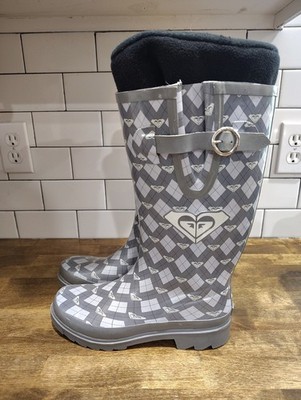 ROXY Puddles Plaid Women's Tall Rainboots - Size 9 Gray With Tall Boot Liners