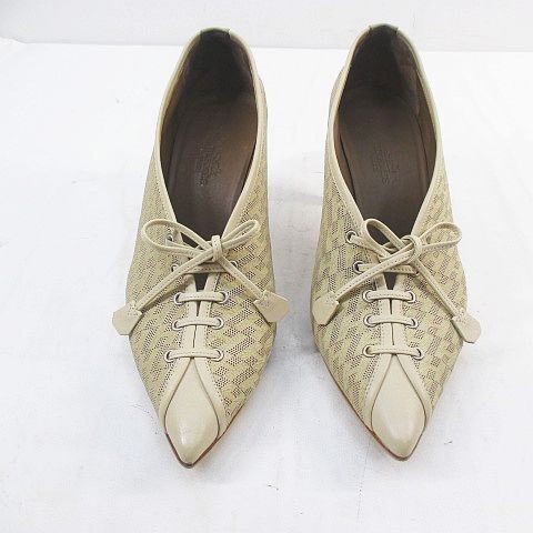 HERMES Luxury Brand Lace-Up Pumps H Pattern 2.8in Canvas Leather Beige Pre-owned thumbnail 5