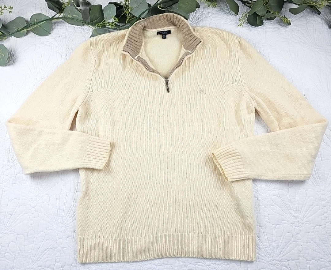 Burberry — Burberry London Men's 100% Shetland Wool Cream Color 1/4 Zip Pullover Sweater XL