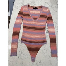 Intermix Y2K Striped Ribbed Knit Bodysuit V-Neck Long Sleeve Pink Purple Brown P