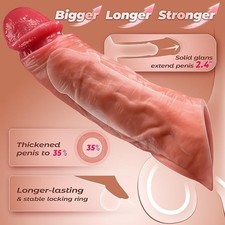 Realistic Vibrating Penis Sleeve Cock Ring Extender Enlarge Adult Couple Sex Toy