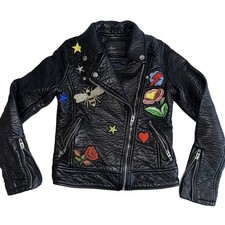 BlankNYC Black Faux Leather Embroidered Moto Jacket Girl's Small S