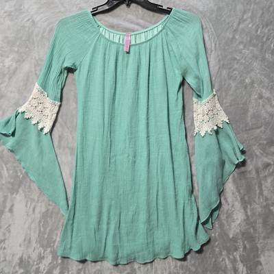 Dazzle Up Womens  Turquoise Green Top Asymmetrical Bell Sleeves Stretch Lined 