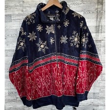 Vintage fleece Print Jacket Women's XL Red Blue Snowflakes Coat Cabincore