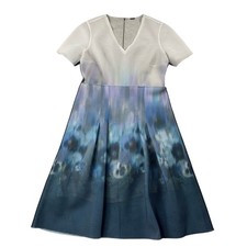 Elie Tahari Dress Womens 10 White Blue Watercolor Ombre Mesh Net Hilary A-line