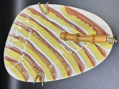 Vintage deutsche Keramik Servierschale mit Ständer & Bambusgriff Utensil 