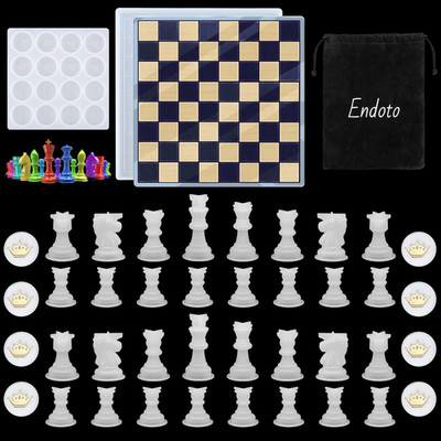 Endoto Chess Set with Checkers Board Silicone Resin Mold, 16 Pieces Full Size 3D