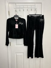 Juicy Couture Size M Velour Tracksuit Hoodie/Pants Black Medium