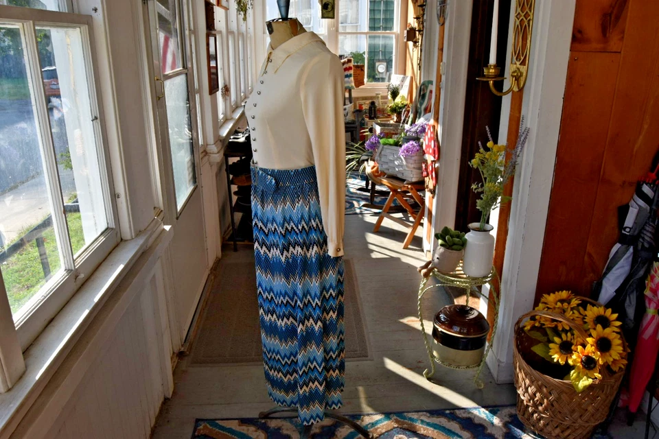 Maxi Vestido Chevron Vintage Años 70 Manga Larga Mod Con Cinturón Talla Mediana Foto 2 de 4