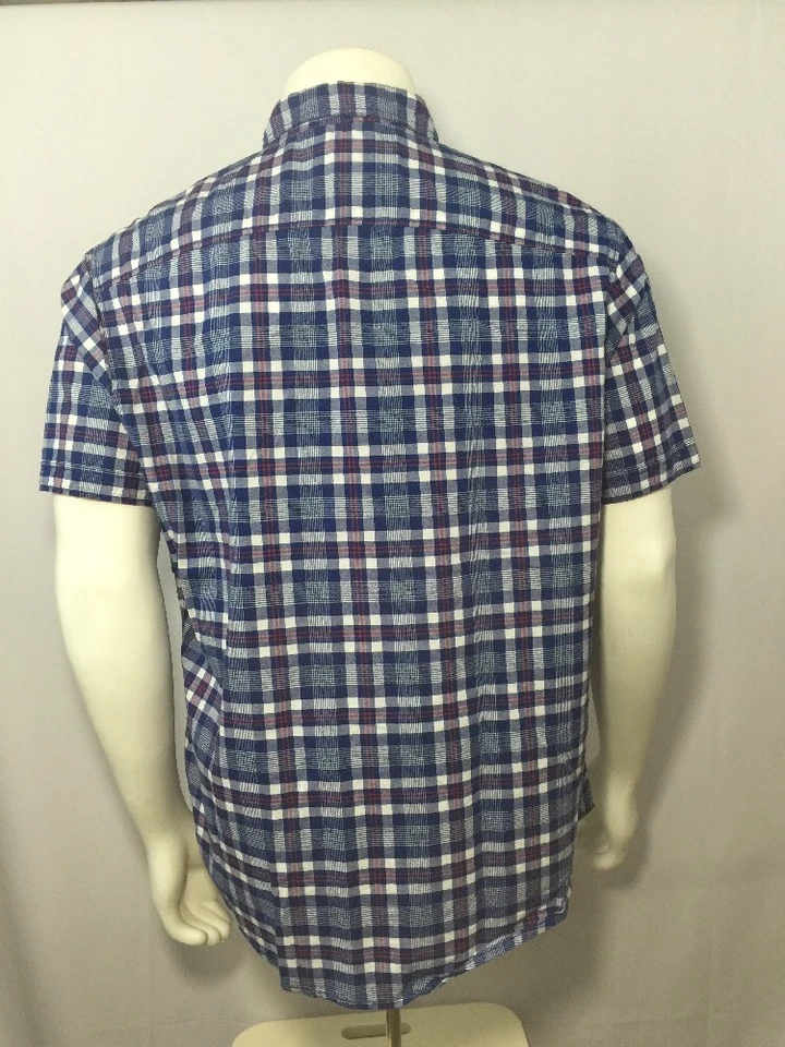 THREADS & HEIRS Mens 100% Cotton Button Front Short Sleeve Shirt Blue Plaid L S2 - Image 3 of 4