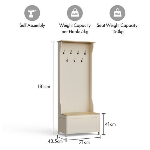 Cream Coat Stand with Shoe Storage, Hallway Unit & Storage Bench, VonHaus - Picture 9 of 9