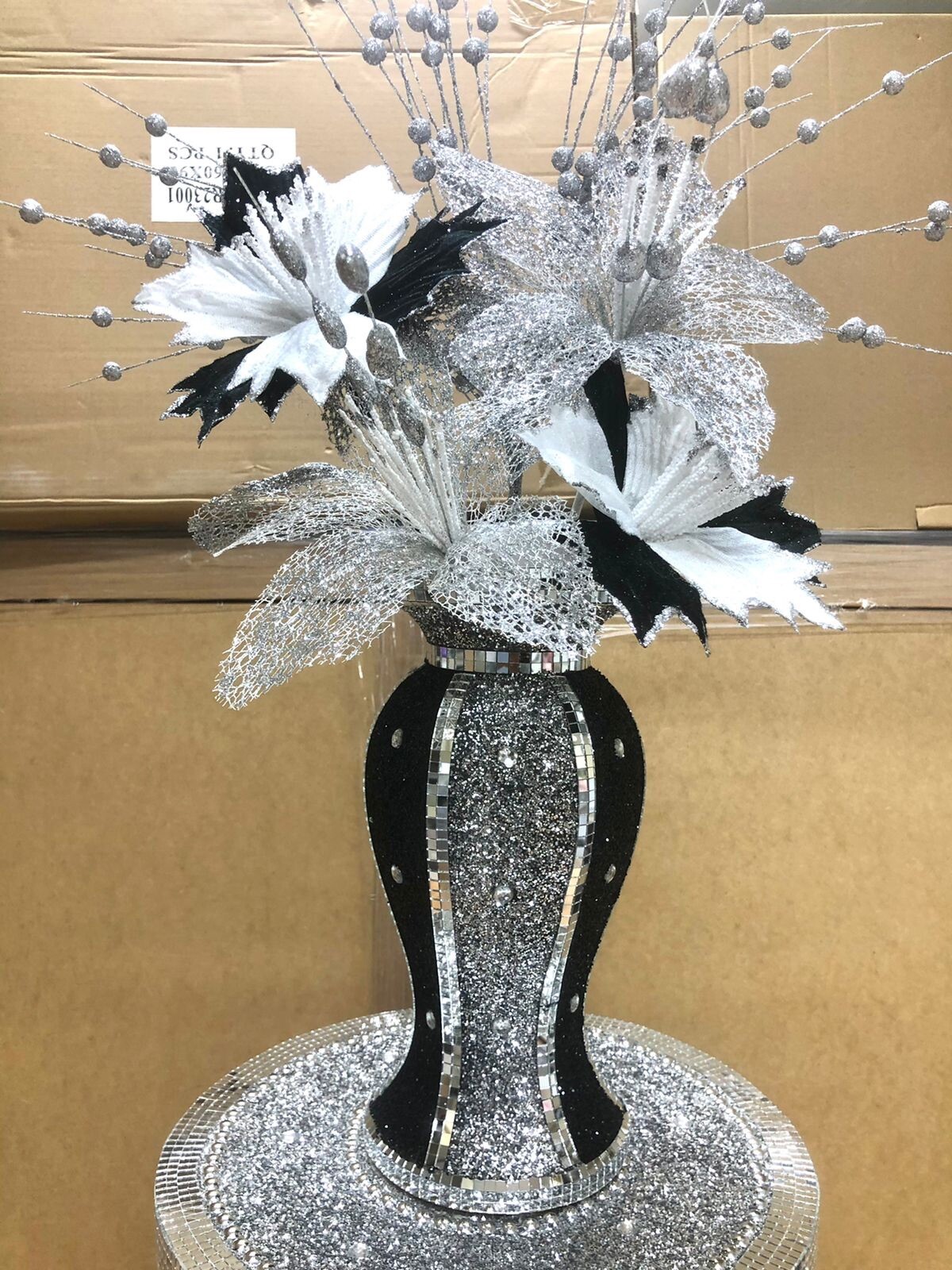 Crushed Diamond Vase With Flowers Black Silver Mosaic Romany Glitter