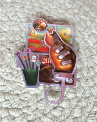 Unique Kitty Cat 3-D Pin/Brooch Sitting by Window Sill Colorful