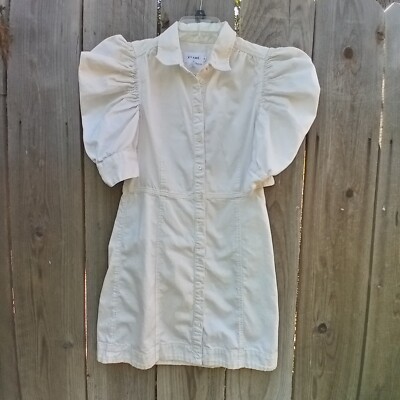 Frame Gillian Puff Sleeve Denim Midi Dress M Ivory Button Down Collared A-line