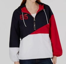 140 Tommy Hilfiger Women's Blue Colorblocked Windbreaker Jacket Coat Size S