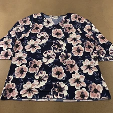 All Hours Women's Size 3X Navy Mauve Floral V Neck Long Sleeve Tunic Top New