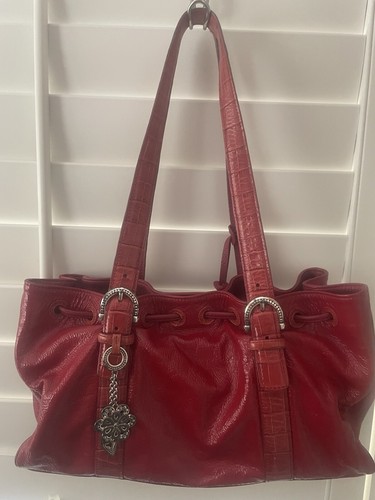 BRIGHTON RED Shoulder + DUST BAG Pebble Croc Patent Leather Drawstring, 2 Straps - Picture 12 of 24