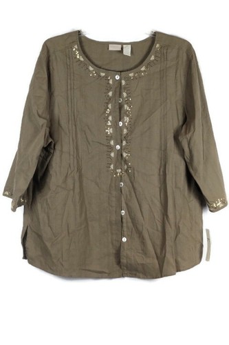 Erika Olive Green Women's 2 Pc Ankle Pants Blouse Sequins Set Size 2X 025 - Picture 3 of 6