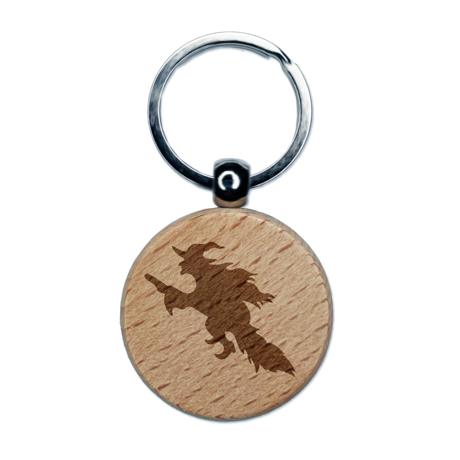 Witch on Broomstick Halloween Wooden Keychain Charm Engraved Round Tag