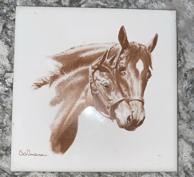 Horse Tile Vintage Screencraft 6  Foal CW Anderson White Brown EUC Cork Back