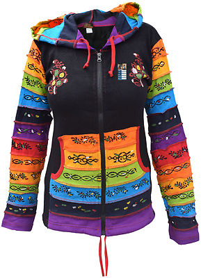 Cotton Black Rainbow Printed Pixie Pointed Long Hood Jacket Ladies