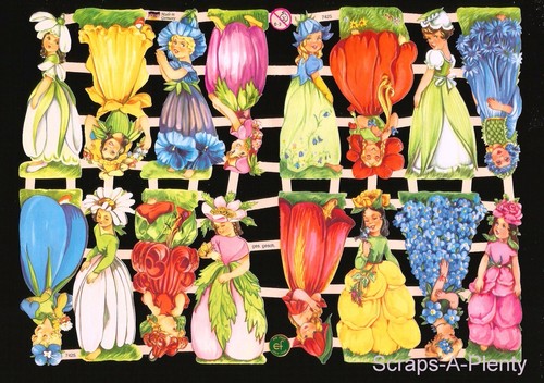 German Embossed Vintage Style Scrap Die Cut - Bold Color Flower Children EF7425