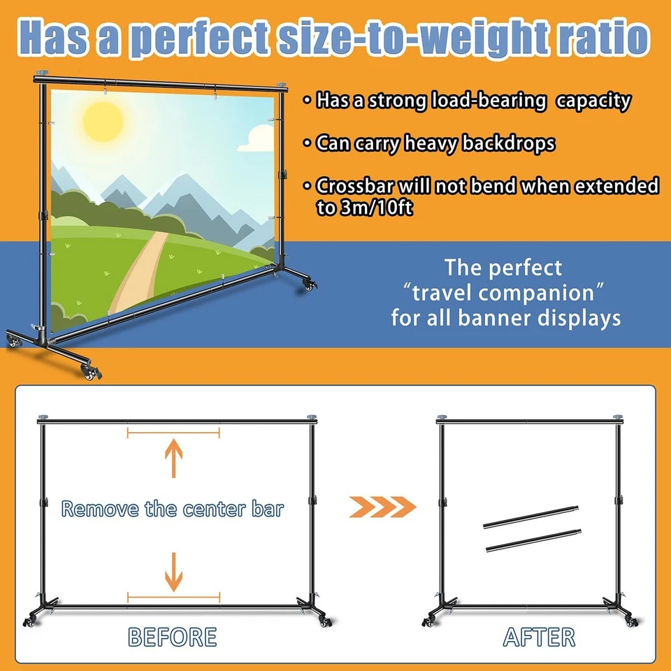 Soporte de telón de fondo versátil de alta resistencia, con ruedas, fondo ajustable de 10 * 7 pies Foto 3 de 4