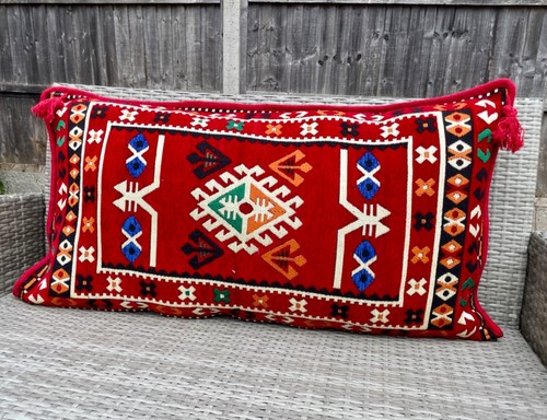 Big Cushion Cover, 50cm x 90cm, Bold Kilim Motifs, Red Colour Backrest Cushion - 第 3/14 張圖片